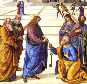 Jesus übergibt Petrus die Schlüssel zum Himmelreich. Sixtina, Detail